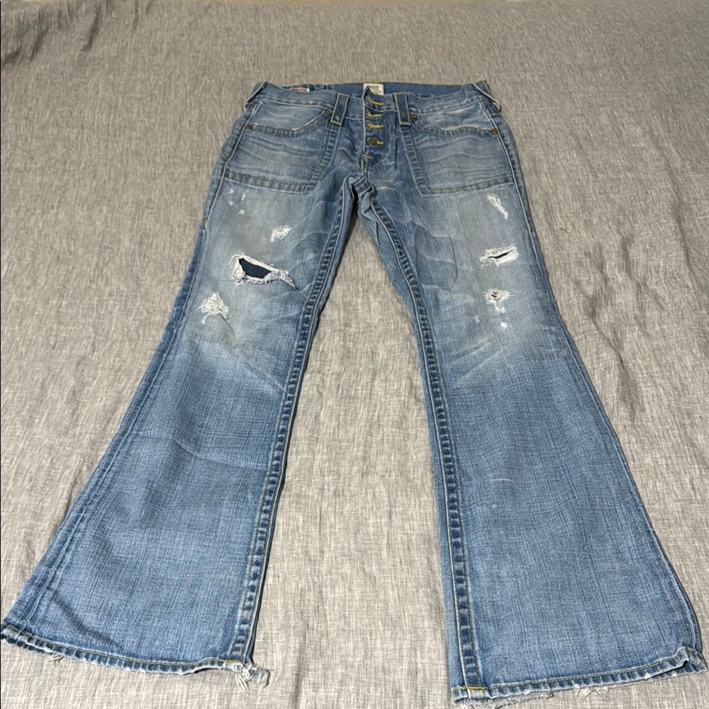 True Religion Blue Bootcut Jeans Distressed Vintage Style